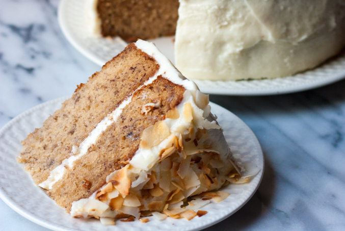 Banana Cake with Cream Cheese Frosting and Toasted Coconut