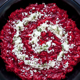 Beet Risotto with Goat Cheese, Truffle Oil, & Honey | eatfirstworrylater.com